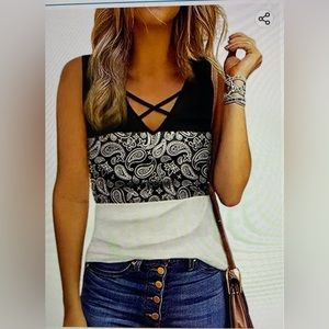 Tank Leopard Color Block Cross V Neck Women Summer Tank Top. Size small.